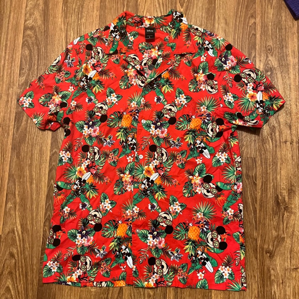 Disney‎ Mickey Mouse Button Up Shirt Men L Red Pineapple Hawaiian Floral
